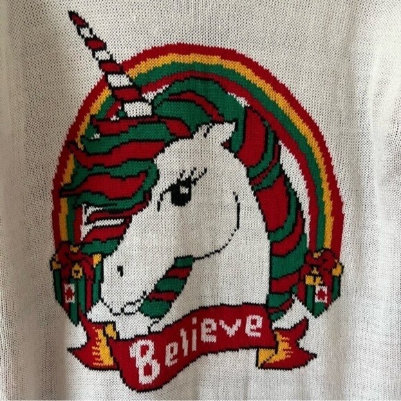 Unicorn Believe Knit Christmas  Sweater SZ Large - Picture 4 of 16